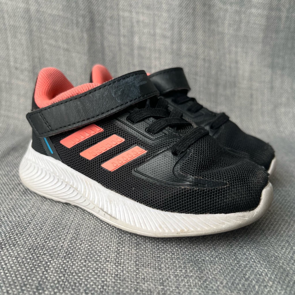 Adidas Running Shoe Girls Size6 Black With Coral Accents Velcro Strap Sneakers